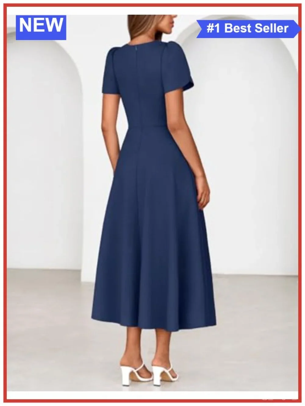 Formal Wedding Guest Midi Dress with Pockets Short Sleeve A-Line